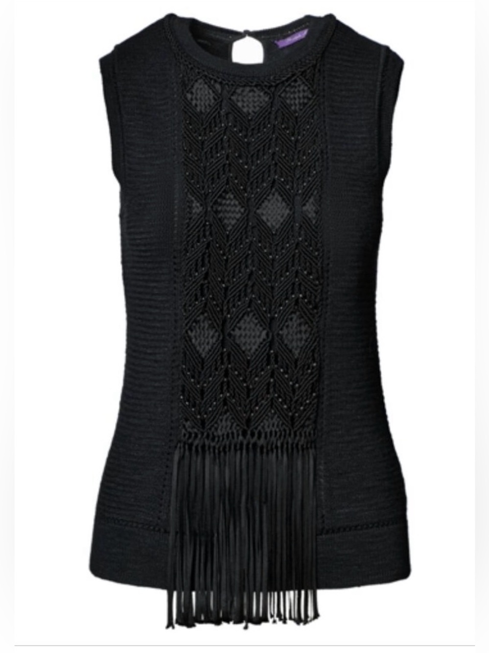 Ralph Lauren Purple Label Macreme Hand Knit Sleeveless Fringe Knit Top Black XS